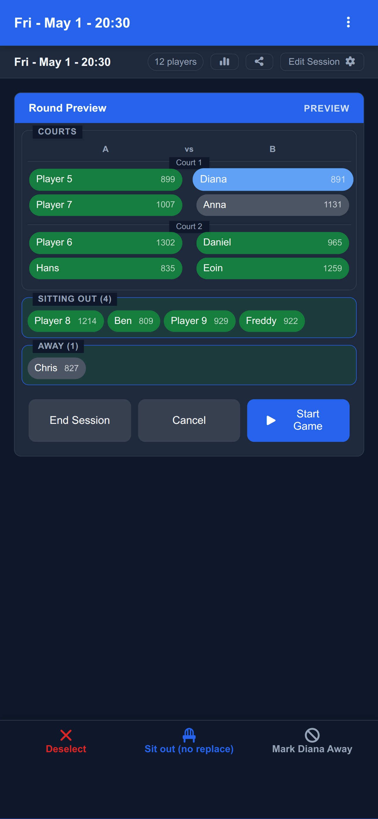 Round preview showing two courts with skill-balanced doubles teams, the sit-out queue, away players, and a Start Game button