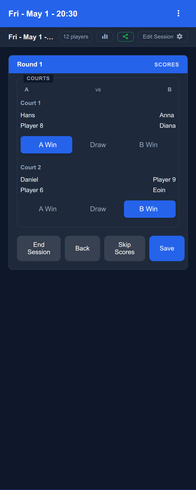 Score logging screen recording A Win or B Win for each court of a finished round, with Skip Scores and Save buttons