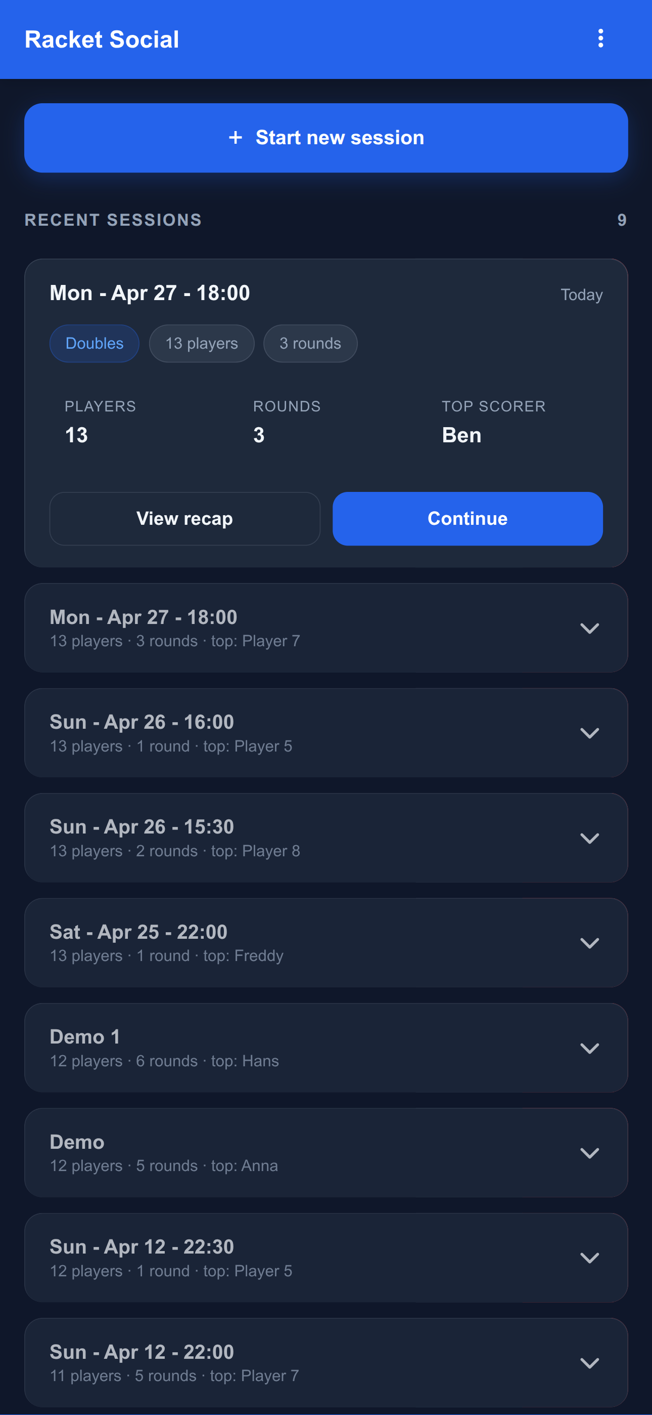 Sessions home screen showing recent sessions list with player counts, rounds, top scorer, and a Start New Session button