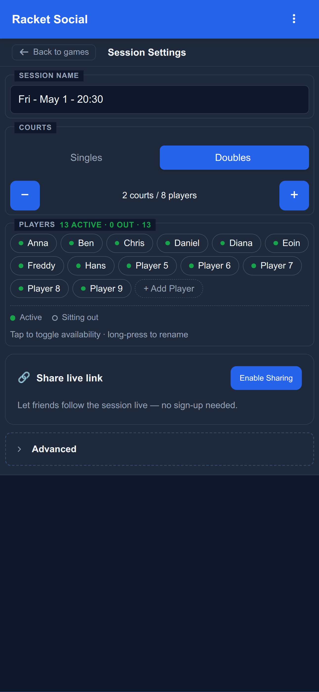 Session Settings screen with name, court count, doubles / singles toggle, player roster, and share-link card